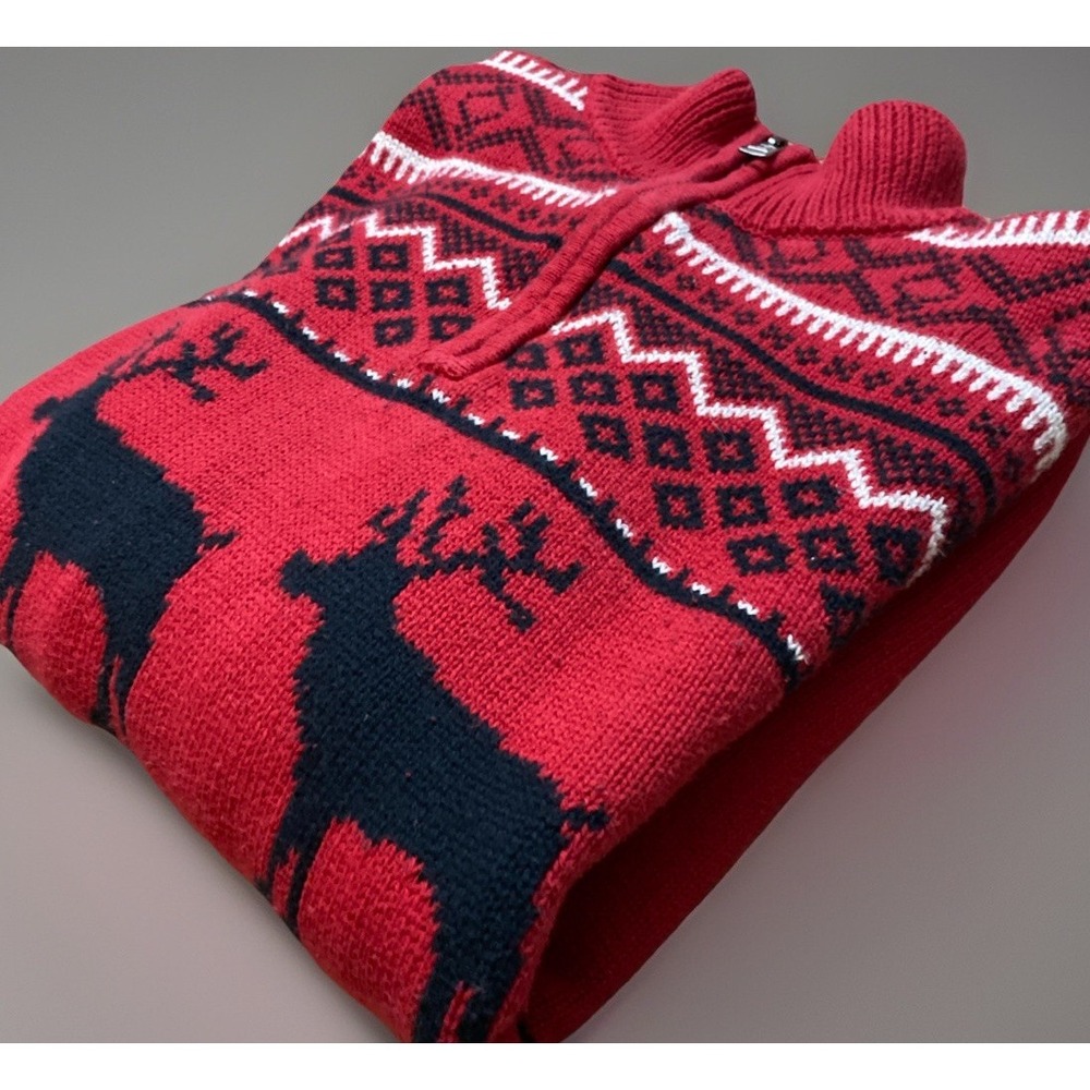 Fair Isle Nordic Sweater Mens Medium Red 1/4 Zip Chaps Reindeer Elk Ski Cotton‎